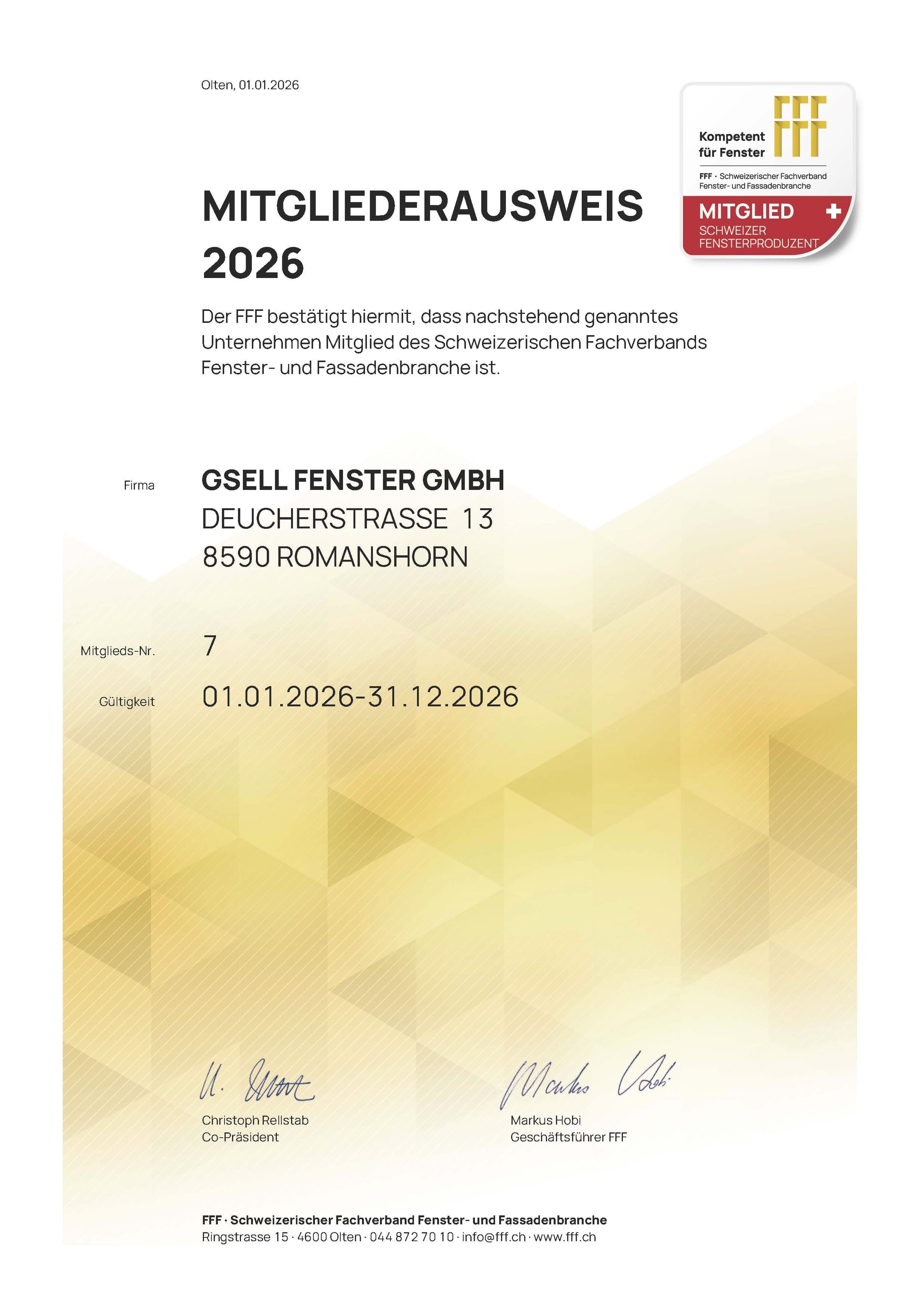 FFF-Mitgliederausweis 2026 der Gsell Fenster GmbH