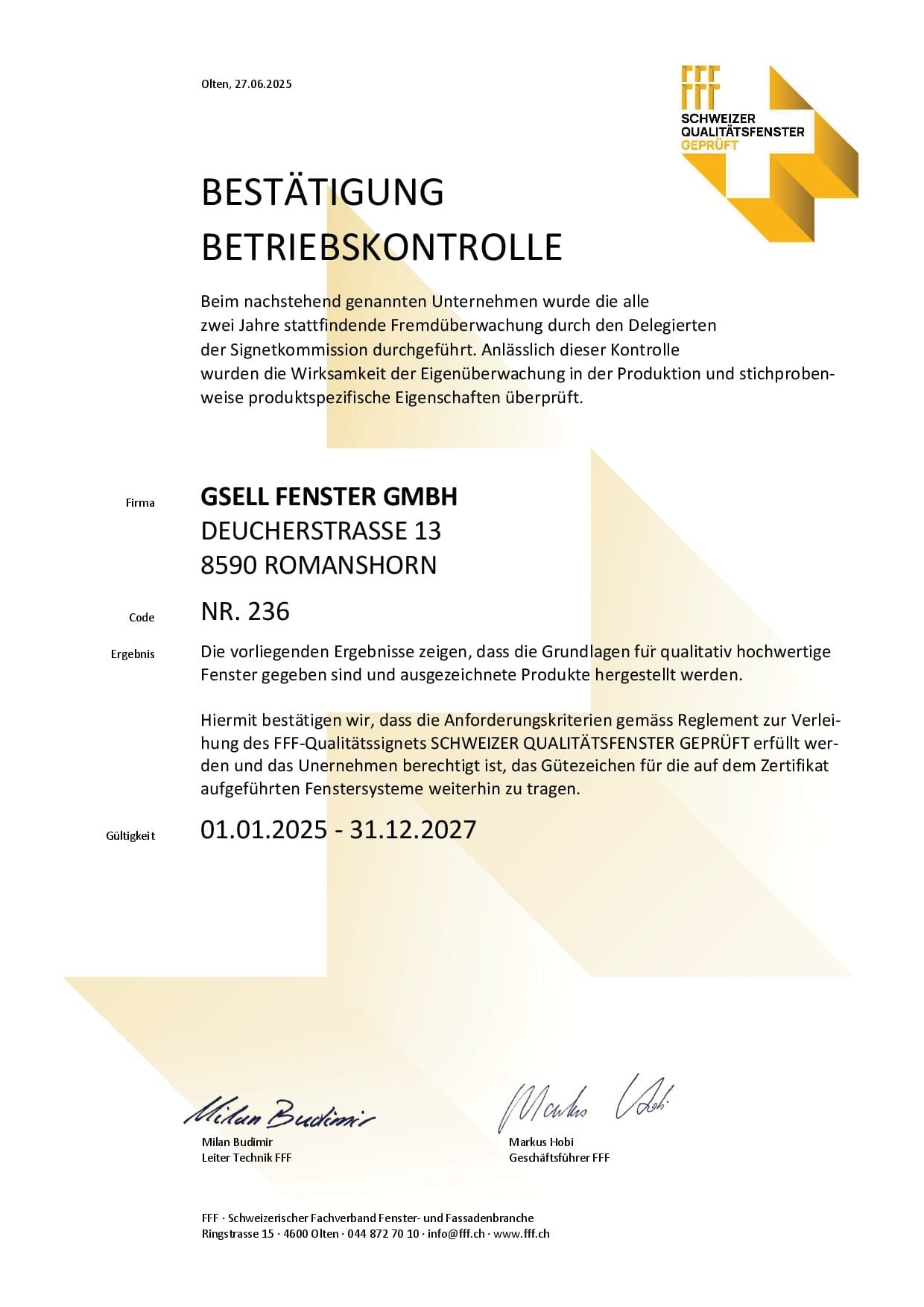 FFF-Zertifikat der Betriebskontrolle